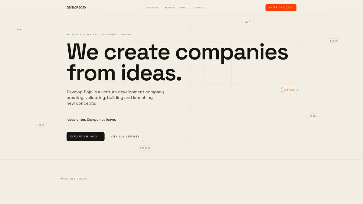 Homepage van Develop Dojo: venture development company dat eigen concepten valideert, bouwt en lanceert