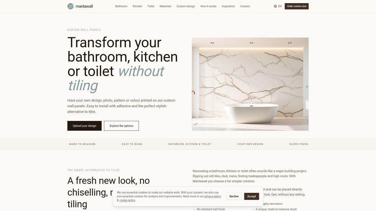 Homepage van webshop Mantawall: wandpanelen op maat met eigen ontwerp, foto of patroon als alternatief voor tegelen in badkamer, keuken en toilet